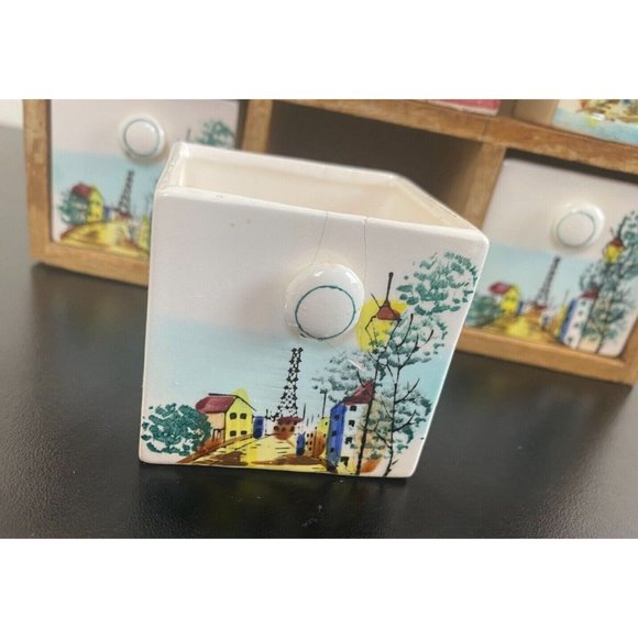 Wood and Ceramic Spice Rack 4 shakers with 3 drawers Japan Vintage City Scene - Picture 6 of 8